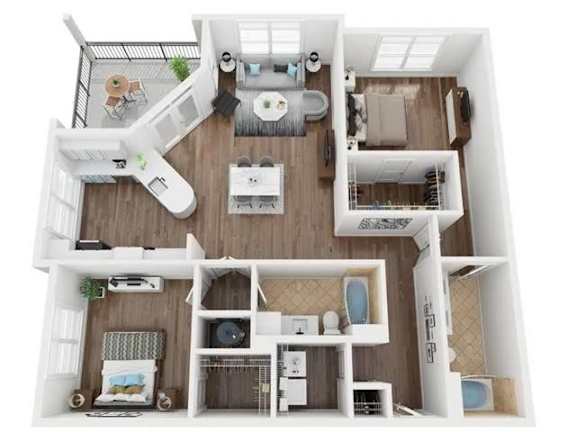 A top-down view of a two-story house with a living room, kitchen, and bedrooms.