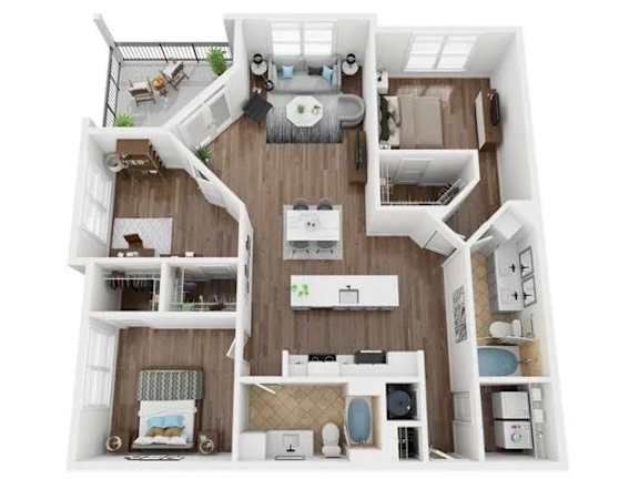 A top-down view of a small apartment with a kitchen, living room, and bathroom.