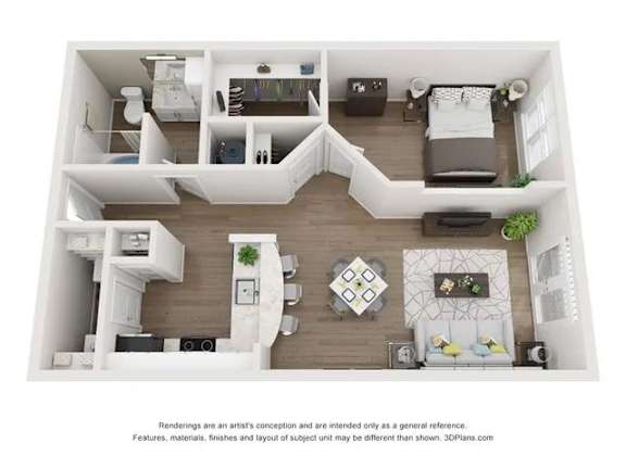 A 3D floor plan of a modern apartment with a living room, kitchen, and bedrooms.
