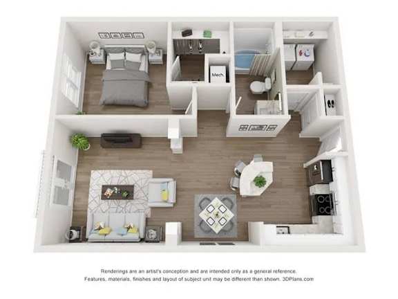 A 3D floor plan of a small apartment with a kitchen, living room, and bedroom.