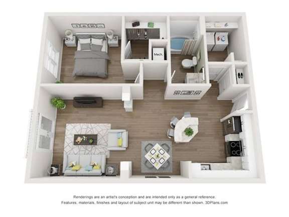 A 3D floor plan of a small apartment with a kitchen, living room, and bedroom.