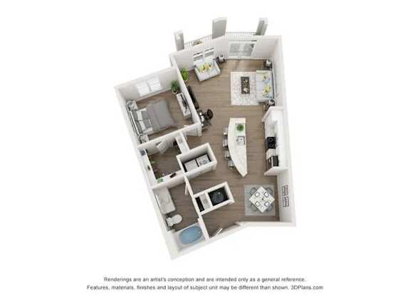 A 3D floor plan of a house with a kitchen, living room, and two bedrooms.