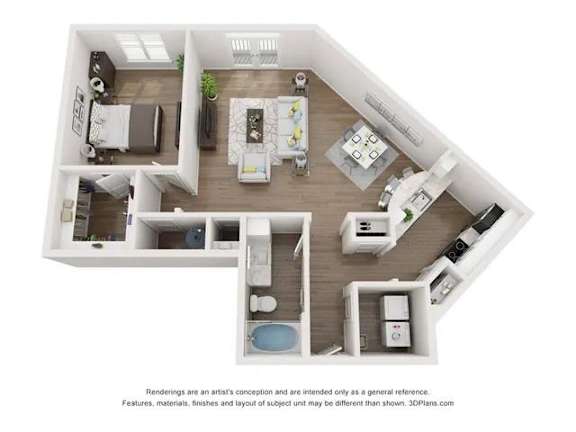 A 3D floor plan of a house with a kitchen, living room, dining room, and bathroom.