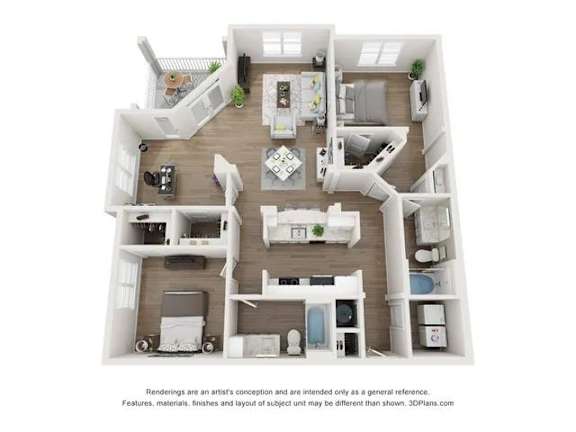 A 3D floor plan of a house with a kitchen, living room, and two bedrooms.