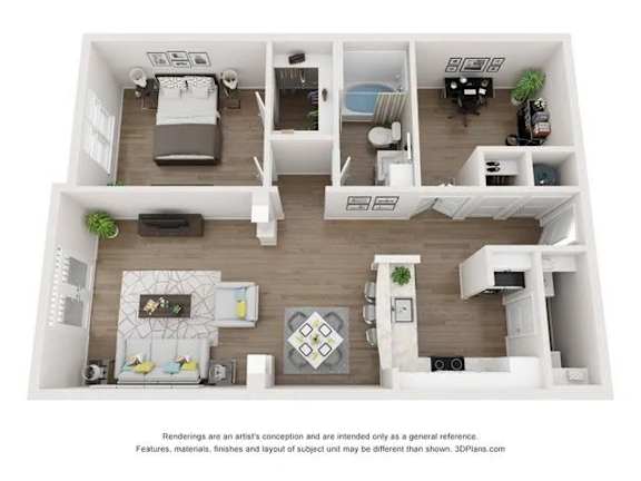 A 3D floor plan of a house with a kitchen, living room, dining room, and bedrooms.