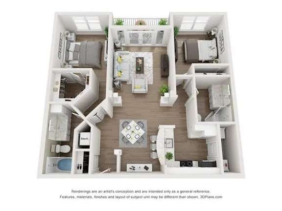 A 3D floor plan of a house with a kitchen, living room, and two bedrooms.