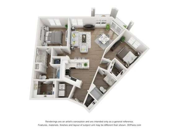 A 3D floor plan of a house with a kitchen, living room, and two bedrooms.