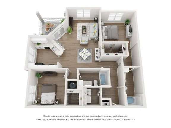 A 3D floor plan of a house with a kitchen, living room, dining room, and two bedrooms.