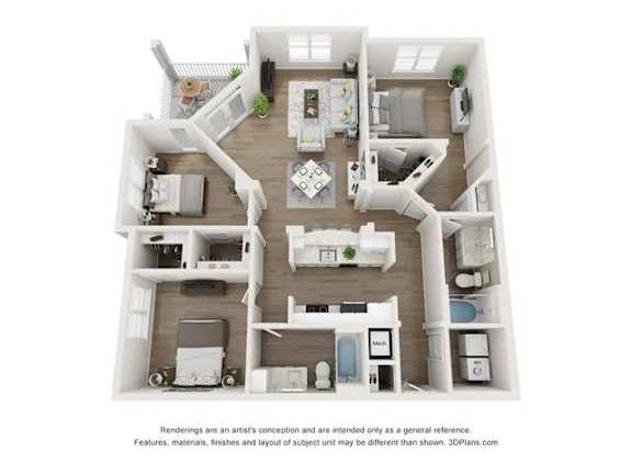 A 3D floor plan of a house with a kitchen, living room, and two bedrooms.