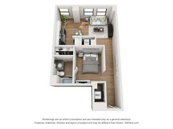A 3D floor plan of a small apartment with a kitchen, living room, and bedroom.