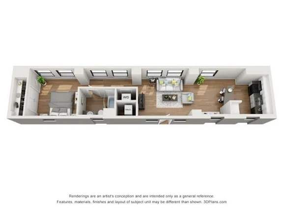 A 3D floor plan of a small apartment with a kitchen, living room, and bedroom.