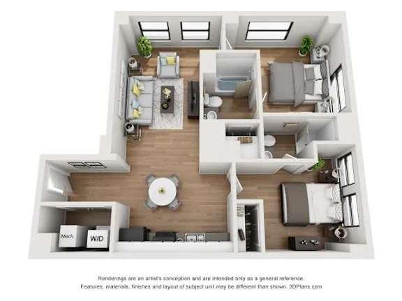 A 3D floor plan of a small apartment with a kitchen, living room, and bedroom.
