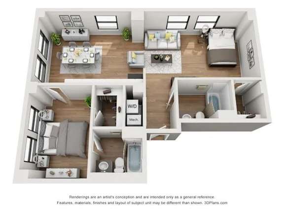 A 3D floor plan of a small apartment with a kitchen, living room, and bedroom.