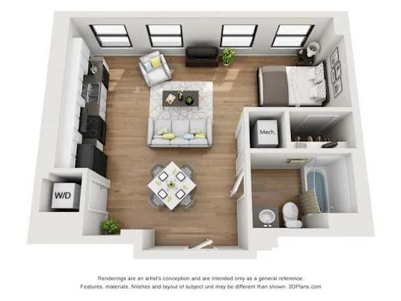Floor Plan  A 3D floor plan of a small apartment with a living room, kitchen, and bathroom.