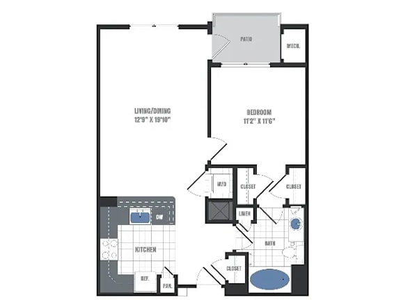 A floor plan of an apartment with a living/dining area, kitchen, bedroom, and two closets.