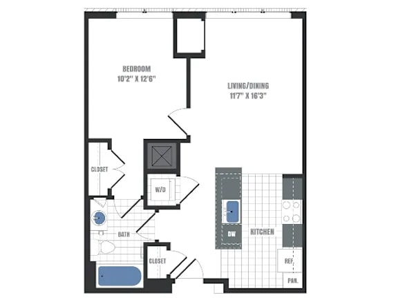Floor Plan  A floor plan of a small apartment with a bedroom, living/dining area, kitchen, and bathroom.
