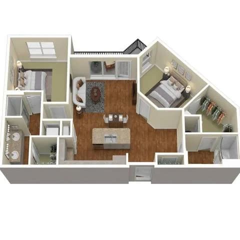 A 3D floor plan of a house showing a kitchen, living room, and bedrooms.