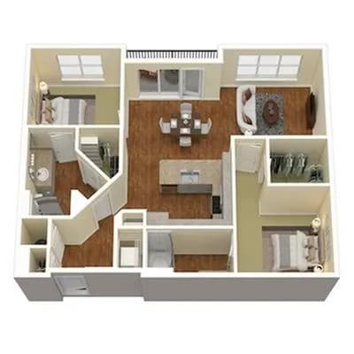 A floor plan of a house with a kitchen, living room, and two bedrooms.