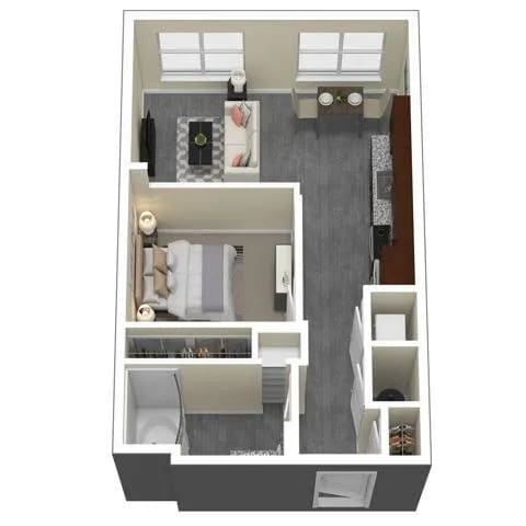 A floor plan of a small apartment with a kitchen, living room, and bathroom.