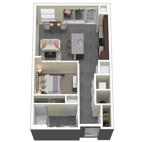 A floor plan of a two-bedroom apartment with a living room, kitchen, and bathroom.