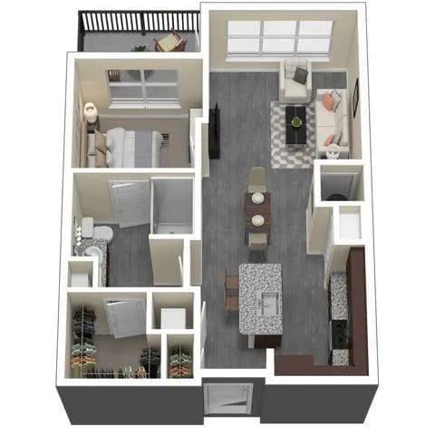 A floor plan of a house with a kitchen, living room, and two bedrooms.