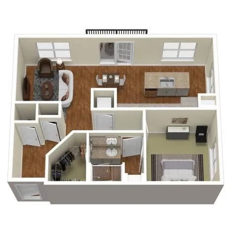 A top-down view of a house layout with a kitchen, living room, and bedrooms.