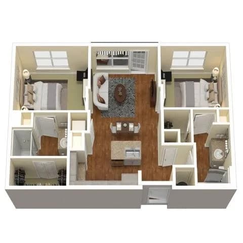 A top-down view of a house layout with a kitchen, living room, and two bedrooms.