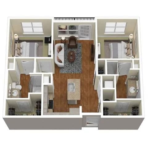 A top-down view of a house layout with a kitchen, living room, and bedrooms.