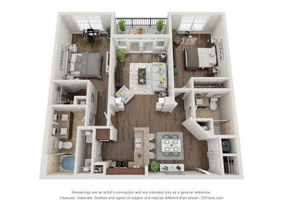 A 3D floor plan of a house with a kitchen, living room, and dining area.