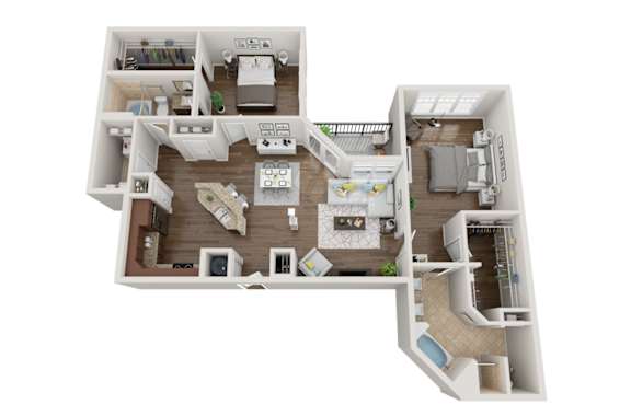 A 3D floor plan of a house with a kitchen, living room, bedrooms, and bathrooms.