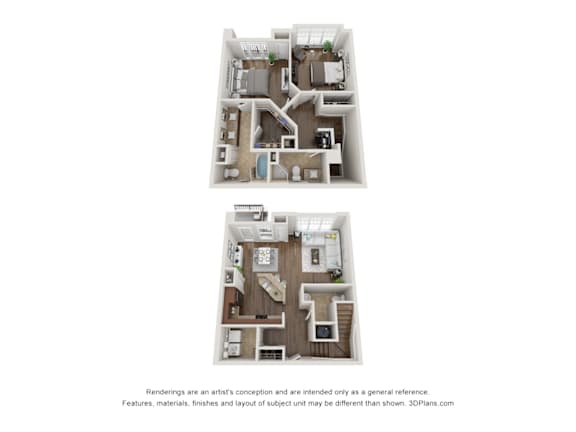 Two floor plans of a house with a kitchen, living room, and bedrooms.