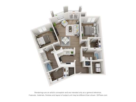 A 3D floor plan of a house with a kitchen, living room, and two bedrooms.