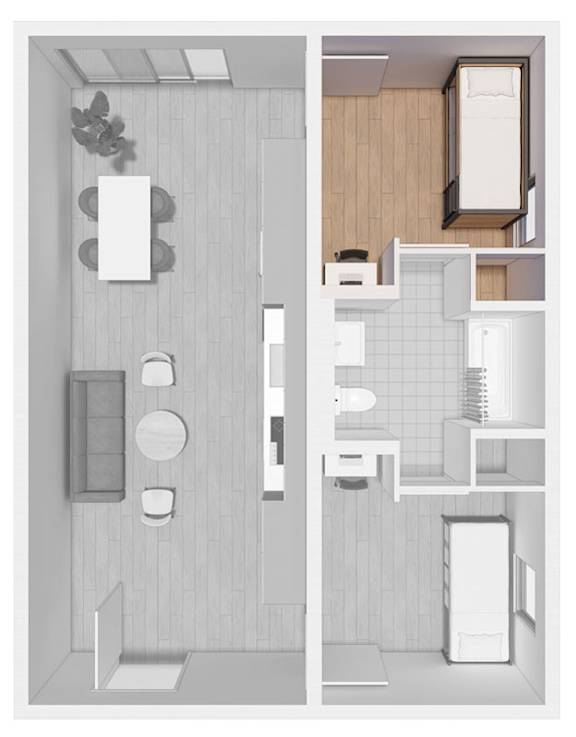 Floor Plan  A bathroom with a toilet, sink, and mirror.