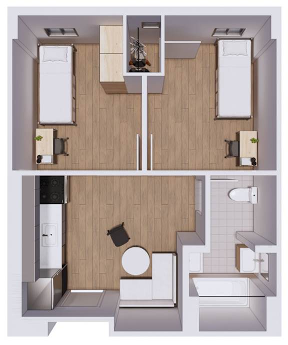 A modern kitchen with a refrigerator, sink, and oven.