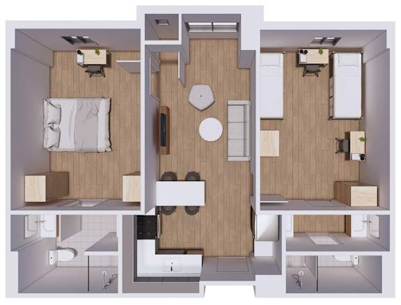A top-down view of a small apartment layout with a kitchen, living room, and bathroom.