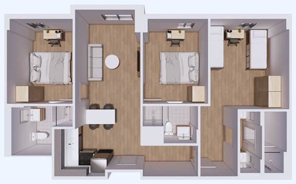 A floor plan of a house with two bedrooms, a living room, a kitchen, a bathroom, and a dining area.