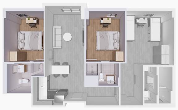 A floor plan of a house with two bedrooms, a living room, a kitchen, a bathroom, and a laundry area.