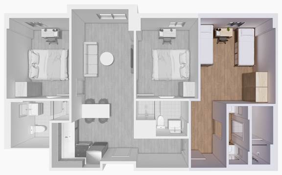 A floor plan of a house with a kitchen, living room, and two bedrooms.