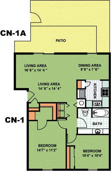A floor plan of a living space with two bedrooms, a living area, a dining area, a bathroom, and a patio.