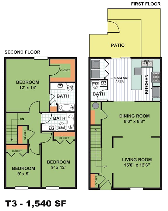 A diagram of a T3 1,540 square foot home with a first and second floor plan.