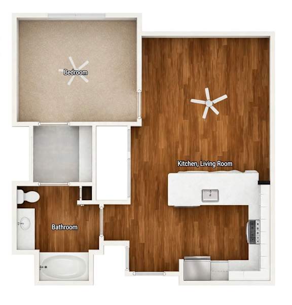A floor plan of a house with a bedroom, kitchen, and bathroom.