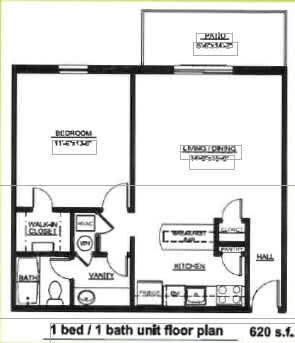 A floor plan of a 1 bedroom/1 bathroom unit sized at 620 square feet.