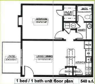 A floor plan of a 540 square feet bedroom with a bath.