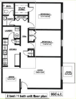 A 2 bedroom 1 bathroom unit floor plan.