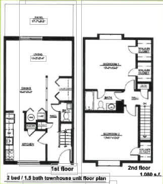 A floor plan of a two bedroom, 1.5 bath townhouse.