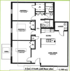 A black and white image of a 3 bedroom/2 bath unit floor plan.
