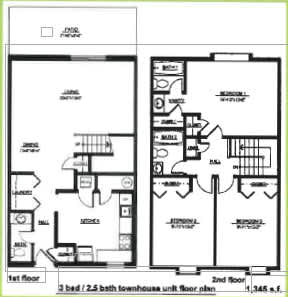 A black and white image of a 3 bedroom/2.5 bath townhouse unit floor plan.