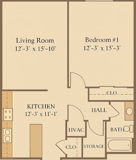 1Bed 1Bath Floor Plan at Cleary Pointe Apartments, Metairie, Louisiana