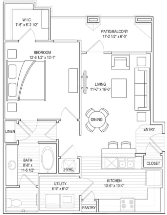 1 bed, 1 bath, 808 sqft unit