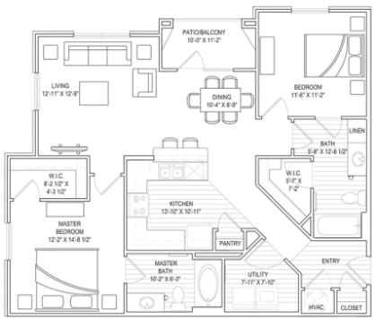 2 bed, 2 bath, 1129 sqft unit